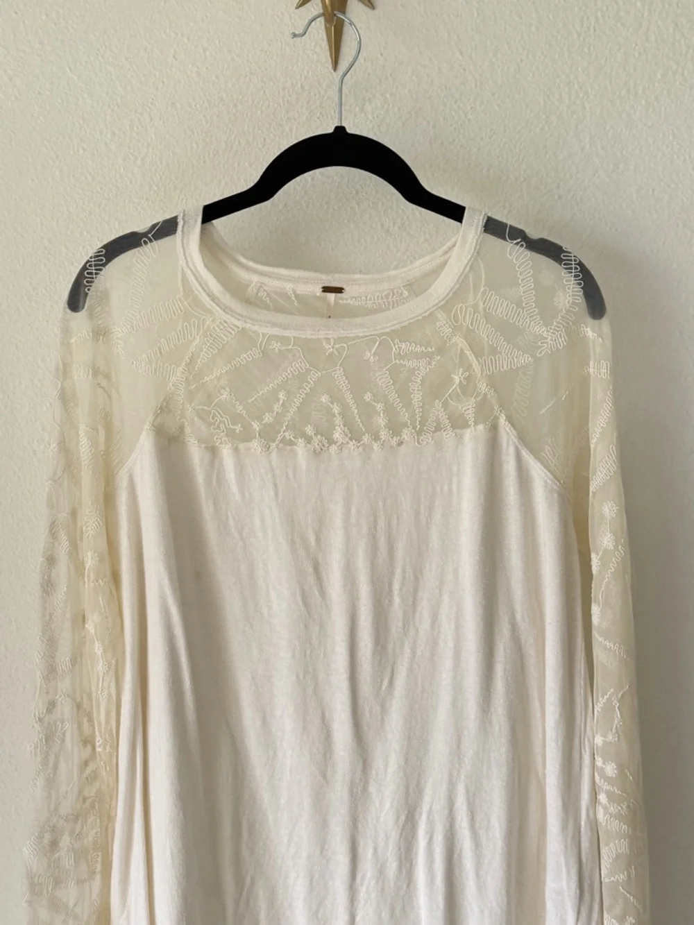 Free People White Ethereal Dainty Embroidered Lace Long Sleeve Top Medium